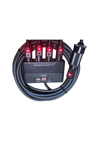 Araç Çakmak Uzatma Kablosu Çakmaklık Çoklayıcı Lcd Ekranlı Usb, Type-c Çıkışlı 12 Volt 10 Amper 120 Wat 2 X1,5mm Ttr Bakır 5 Mt-siyah-yt-ot733