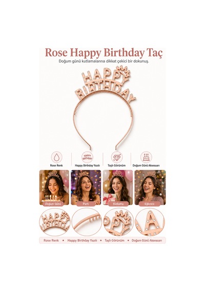 Rose Happy Birthday Taç Taşlı Görünümlü Doğum Günü Parti Aksesuarı Diğer