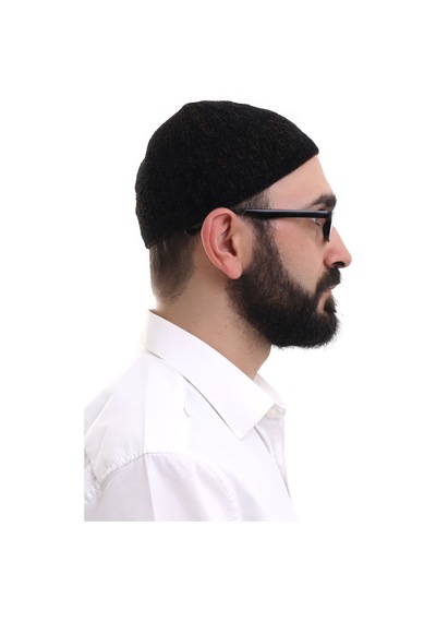 Siyah Kahve Hasır Desen Kışlık Kadife Namaz Takkesi
