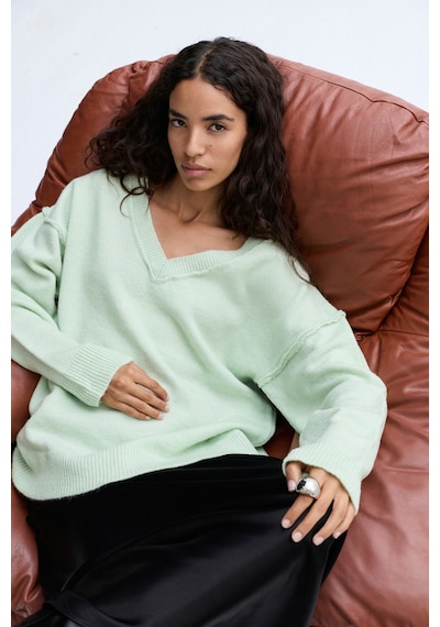 Mudo Kadın Kadın Mint Yeşil Loose Fit V Yaka Kazak 1264013