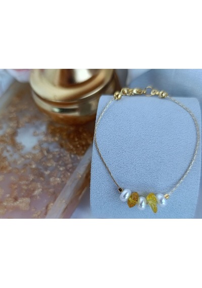 Altın Kaplama Gerçek Kehribar Mini Gold Detaylı Tasarım Bileklik Gold