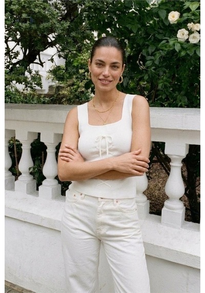 Onno Style Women Kolsuz Askılı Kare Yaka Bağcık Detaylı Triko Kadın Bluz Beyaz