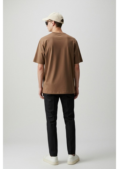 Erkek Oversize Basic Tişört Unisex %100 Pamuk Rahat Kalıp Erkek Tam Oversize Tişört Kahverengi