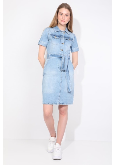Kadın İki Cepli Açık Mavi Jean Elbise Kemerli Regular Fit Açık Mavi