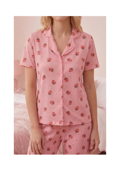 Fit Women Çilek Desenli Düğmeli Kısa Kollu Pijama Takımı 4588 PEMBE