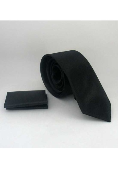 Gaffy Siyah Slim Fit İnce Düz Renk Mendilli Saten Kravat - SS-01 Siyah