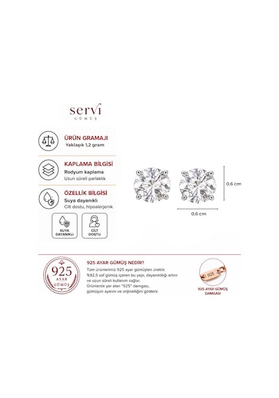 Servi 925 Ayar Gümüş Diamond Glow 6 Mm Zirkon Taşlı Tektaş Küpe-523