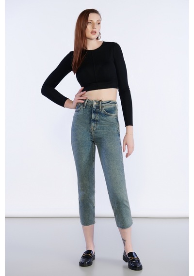 Kirli Mavi Yüksek Bel Paça Püskül Detaylı Mom Jeans-kirli Mavi