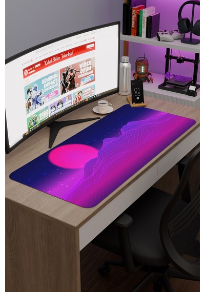 Vaporwave Grid Kaymaz Dikişli Kauçuk Oyuncu Mousepad V2 - 90x40 Xxl Gaming Mouse Pad Fare Altlığı