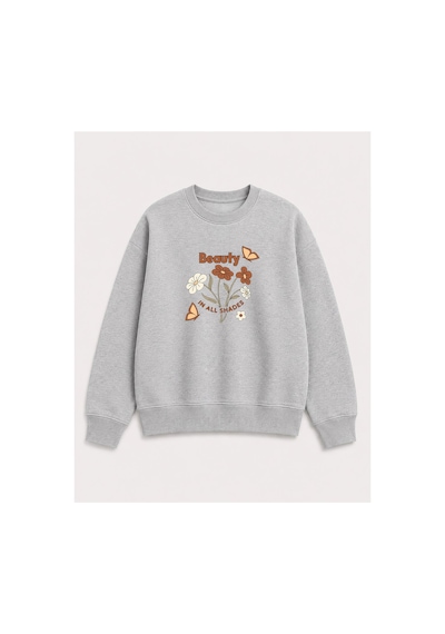 Herkesemoda Beauty Baskı Detaylı Bisiklet Yaka Şardonlu 2 İplik Sweatshirt Gri