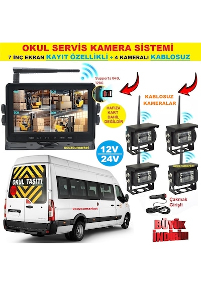 Okul Servis Kamera Sistemi 7 Inç Kayıt Yapabilen Ekran + 4 Adet Kablosuz Kamera Hepsi Bir Arada