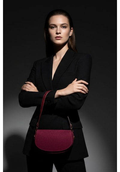 Vellebags Lunessa Bordo Omuz Çantası Gold Detaylı Yarım Ay Model