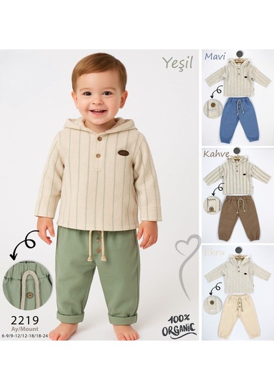Babyhola Erkek Bebek Bayramlık Takım Müslin Kumaş Kapüşonlu Üst Ve Pantolon Set 2219 Ekru