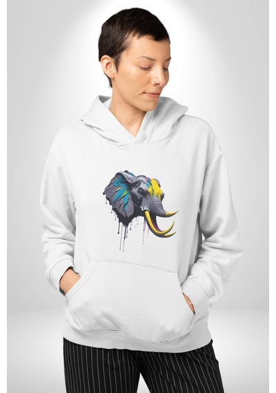 Renkli Fil Kafası Kadın Erkek Beyaz Kapüşonlu Sweatshirt Hoodie Beyaz