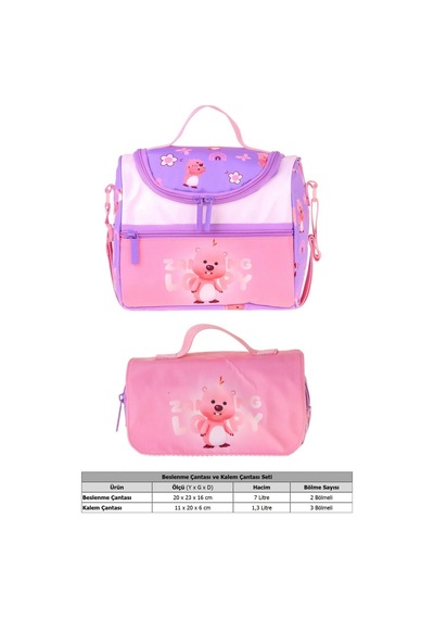 Kaukko Kids Kız Çocuk Loopy Baskılı Lila - Pembe Thermo Beslenme Çantası Ve Kalemlik Seti - Setkk-l5304