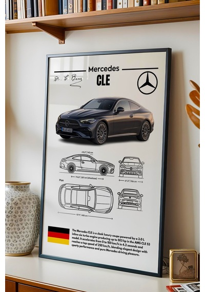 Mercedes Cle Tablo - Teknik Özellikli Lüks Coupe Poster - Çerçeveli Duvar Dekoru - Araba Blueprint Siyah