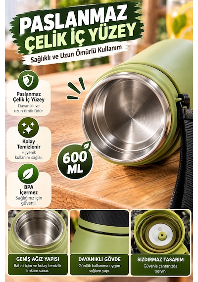 600 Ml Haki Termos Matara Paslanmaz Çelik İç Yüzeyli Kulplu Taşıma İpli Sıcak Soğuk İçecek