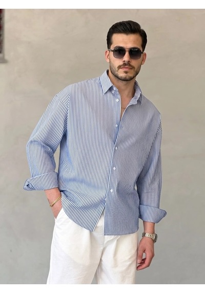 Valensdesign Erkek İnce Çizgili Gofre Kumaş Rahat Kalıp Gömlek Lacivert