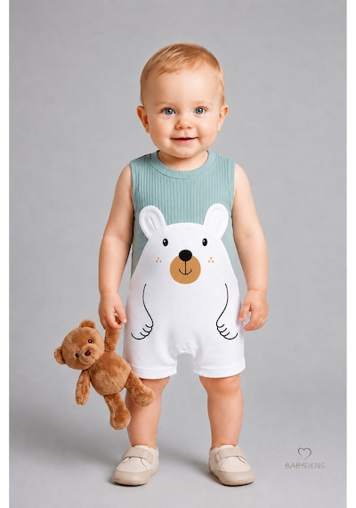 Babyden's Erkek Bebek Yazlık Ayıcık Baskılı Fitilli Tulum %100 Pamuk Kolsuz Şort Tulum Yenidoğan Bebek Romper 0-9 Ay Haki