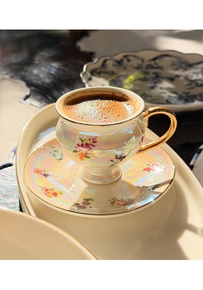 6 Kişilik Sedefli Vintage Çiçek Kahve Fincan Takımı -5696 Çok Renkli