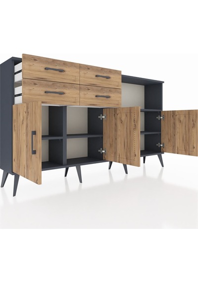 Arges Konsol 4 Raflı 4 Çekmeceli 4 Kapaklı 176x30x99 Antrasit-çam Atlas Çam - Antrasıt