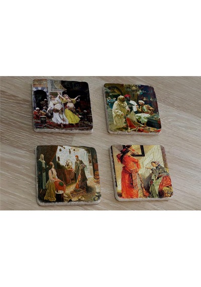 Oryantal Harem Halı Satıcısı Ev Tüccarlar Doğal Taş Bardak Altlığı 4'lü Set - Natural Stone Coasters - Taş Çok Renkli