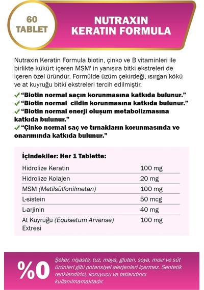 Nutraxin Keratin Formula Hair Nails Skin Takviye Edici Gıda 60 Tablet