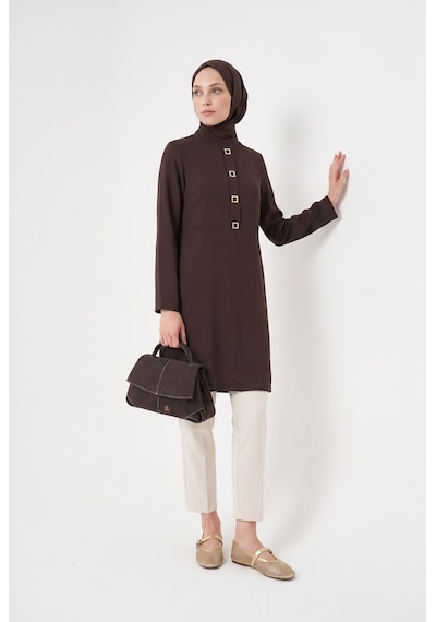 Armine Trend Metal Aksesuar Detaylı Hakim Yaka Tunik Kahverengi 26yt485