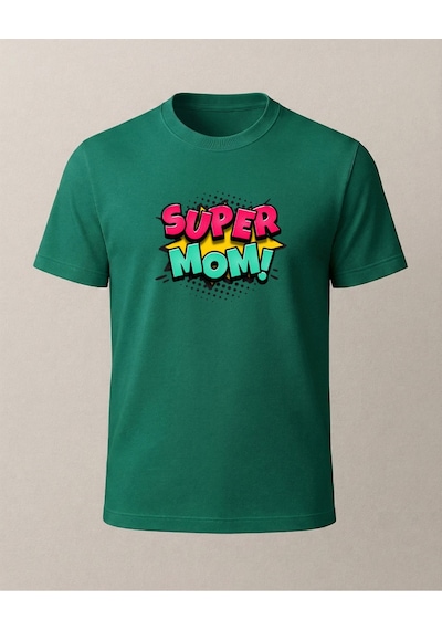 Super Mom Baskılı Anne T-shirt'ü Yeşil