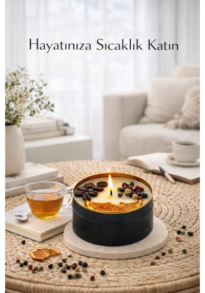 Dekoratif Lüks Soya Mum,el Yapımı Mum,metal Kutu ,karabiber Detay Ev Hediyesi,kahve Kokulu 100 G Kahverengi - Siyah