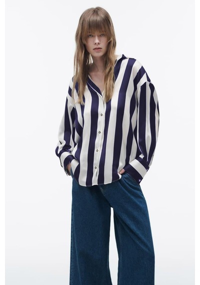 Seeh Lacivert Çizgili Oversize Kadın Gömlek Sh266 Çok Renkli