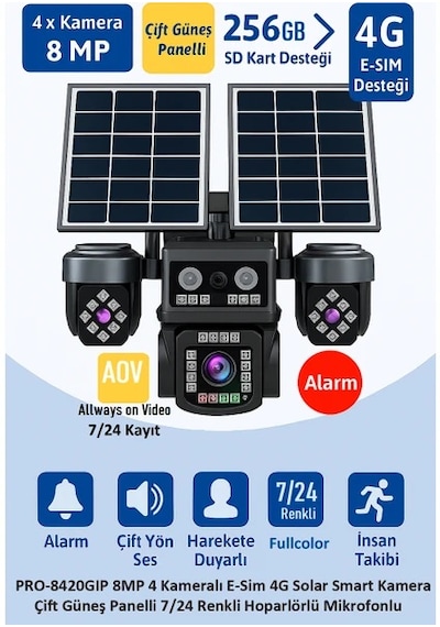 Balandı Pro-8420gıp 8mp 4 Kameralı E-sim 4g Solar Smart Kamera Çift Güneş Panelli Hieasy Yazılım