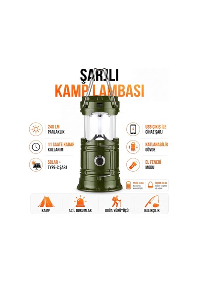 Lexroo 3 Fonksiyonlu Şarjlı Solarlı Kamp Lambası El Feneri Powerbank Özellikli Taşıma Kulplu Haki