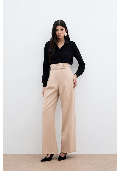 Sateen Bel Detaylı Pantolon - Bej