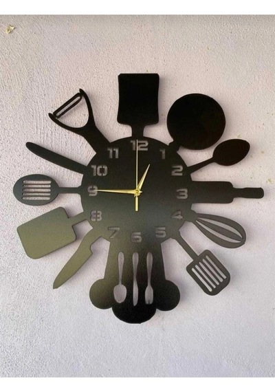 Ümra Lazer Siyah Hediyelik Ahşap Dekoratif Mutfak Desenli Sessiz Duvar Saati 40 Cm Siyah