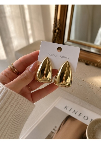 Gold Üçgen Form Küpe Modern Parlak Tasarım Gold Renk Altın