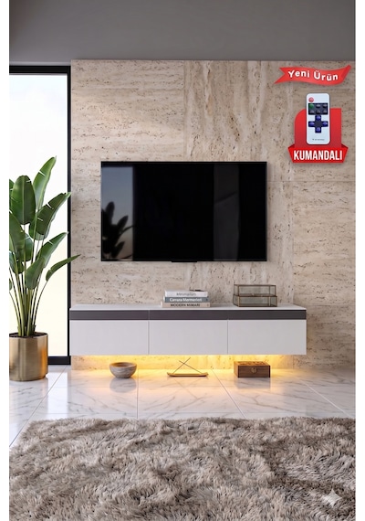 Pureline Tech Led Işıklı Tv Ünitesi 180 Cm - Modern Tv Sehpası - Beyaz Antrasit
