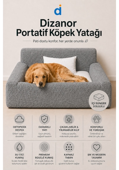 Dizanor Softnest 3in1 Modüler Köpek Yatağı Ortası Bombeli, Sünger Dolgulu, Anti - Slip Tabanlı Ve Yastıklı Konfor Seti Gri Büyük Boy