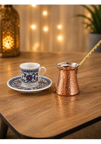 1 Kişilik Türk Kahvesi Seti, Osmanlı Desenli Porselen Fincan Ve Tabağı, Bakır Cezve, Tek Kişilik Kahve Seti, Hedi Diğer