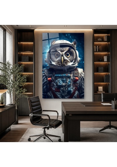 Astronot Kasklı Baykuş Çerçevesiz Cam Tablo