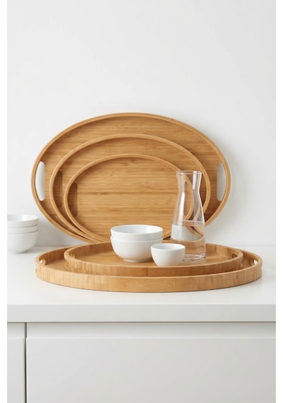 Makri Home Bambu Oval 3'lü Tepsi Seti. Küçük Tepsi: 20x29 Cm. Orta Tepsi: 26x36 Cm. Büyük Tepsi: 31x45 Cm Ahşap