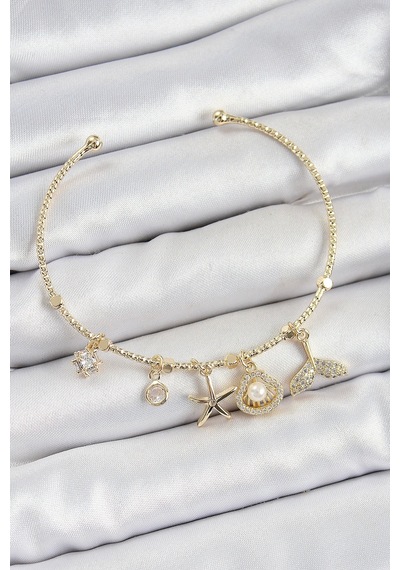 Pirinç Zirkon Taşlı İstiridye Ve Deniz Yıldızı Model Gold Renk Charm Bileklik - Tj-bb7358 Çok Renkli