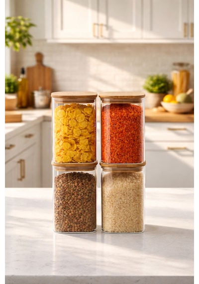 Porsima 6-4 Bambu Vakumlu Kapaklı Kare Borsilikat Cam 4lü Kavanoz Seti Saklama Kabı 1250ml 9,5x15cm