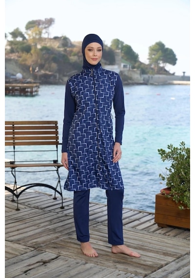 Estiva 25944 Lacivert Fermuarlı Geometrik Desenli Tam Boy Tesettür Mayo Lacivert