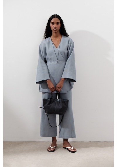 Manuka Keten Kruvaze Kapama Kimono Mavi Mavi