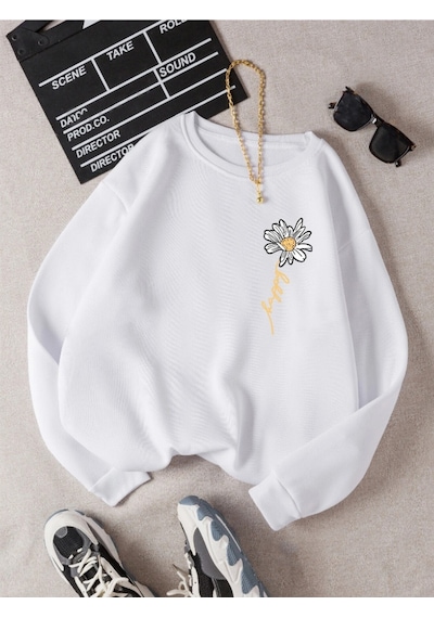 Startmore Beyaz Kadın Happy Daısy Özel Renkli Oversize Bisiklet Yaka Pamuklu