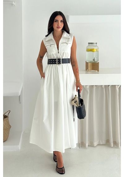 Asprin Fashion Paraşüt Kumaş Kemerli Elbise Beyaz Beyaz