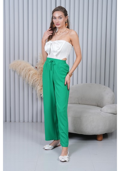 Polologin Butik Beli Bağcıklı Yüksek Bel Bol Paça Yeşil Pantolon Çok Renkli