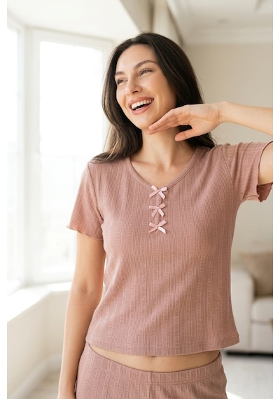Aura Collections Kadın Bambu Viskon Transfer Ribana Kısa Kollu Düğmeli Pijama Takımı Kahverengi