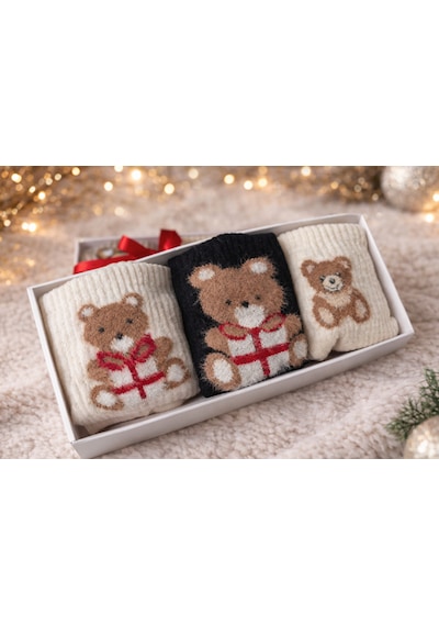 Ayı - Teddy Bear Konseptli 3'lü Çorak Kutulu Gönderim Açık Bej